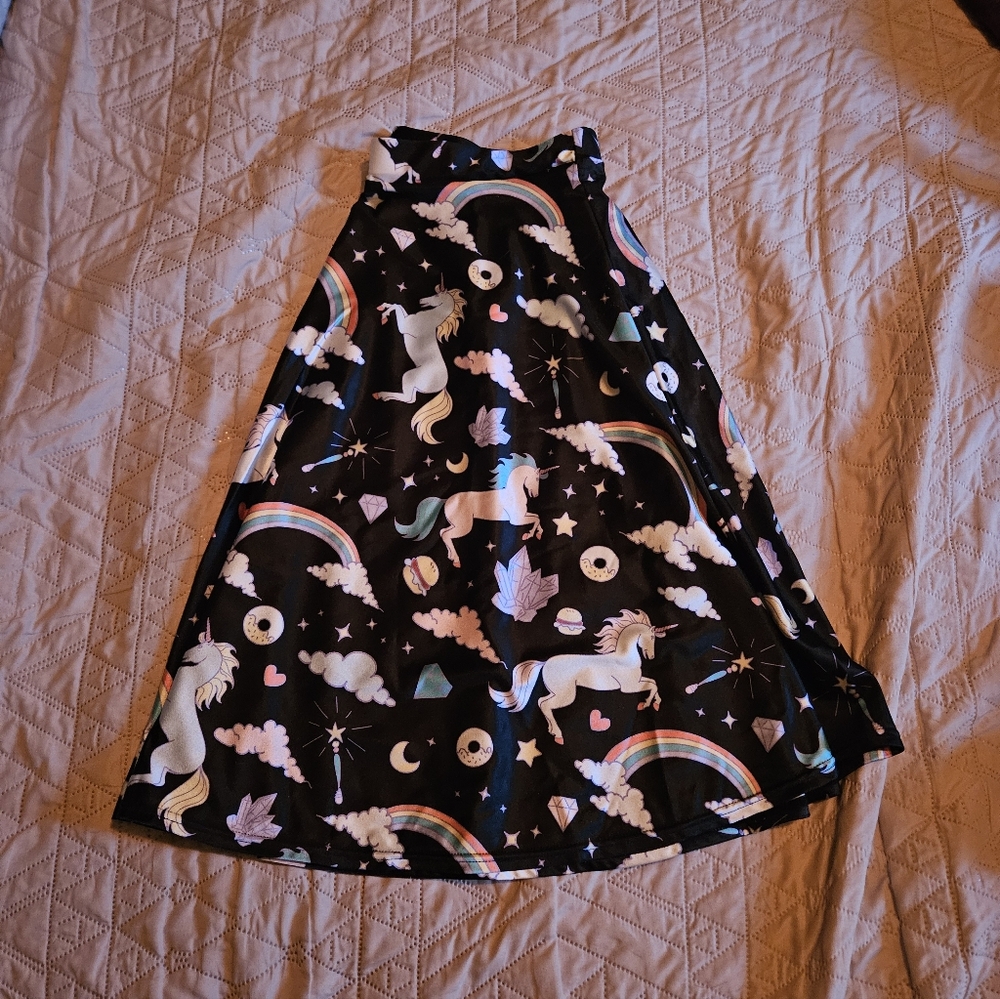 A-line Unicorn Print Black Skirt
